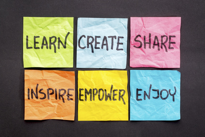 learn, create, share, inspire, empower and enjoy -  set of sticky notes with inspirational words and smiley